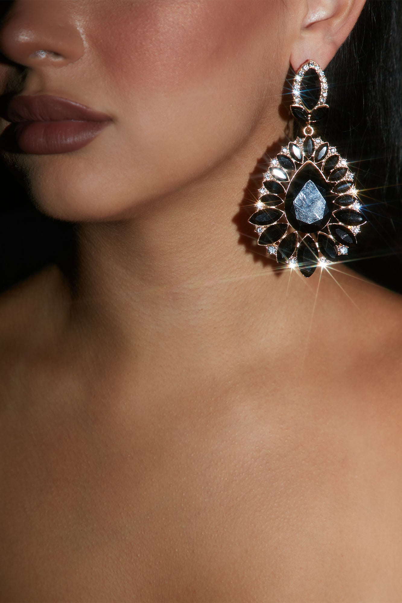 Floral Destiny Rhinestone Earrings - Black